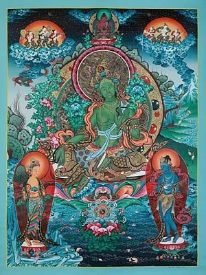 The Divine View Of Goddess Green Tara | Tibetan Brocadeless Thangka Painting