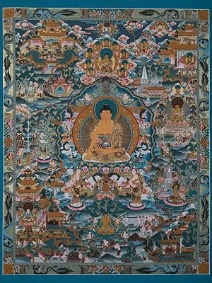 View Of Buddha's Life Chakra | Tibetan Brocadeless Thangka Painting