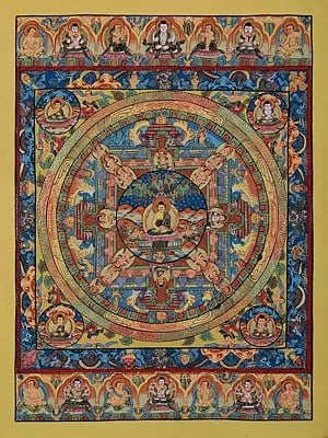 Shakyamuni Buddha Seated In Centre Of Mandala | Tibetan Brocadeless Thangka Painting