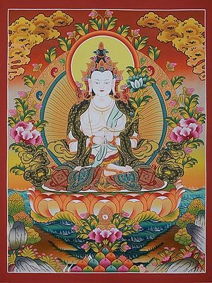 Lord Buddha Seated On Lotus Throne | Brocadeless Thangka Painting