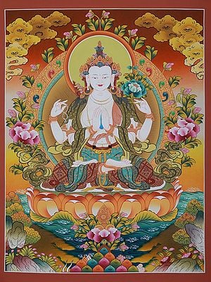 Four Armed Lord Buddha | Brocadeless Thangka Painting