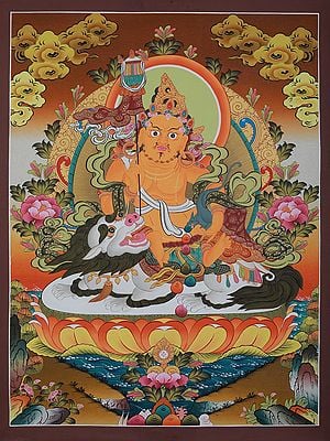 Tibetan Kubera Seated On Lotus Throne | Brocadeless Thangka Painting