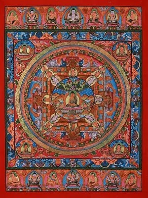 Seated Lord Buddha Mandala Hand-Painted | Tibetan Brocadeless Thangka Painting