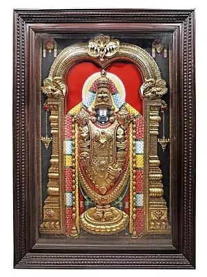 Tanjore Painting Of Standing Lord Tirupati Balaji With Embossing Work | Traditional Colors With 24K Gold | Teakwood Frame