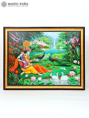 Radha Krishna with Beautiful View of Vrindavan | Unframed Oil Painting