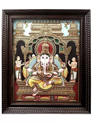 Lord Ganesha Super Large Tanjore Painting | Traditional Colors With 24K Gold | Teakwood Frame | Gold & Wood | Handmade | Made In India