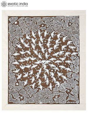 Flying Birds In Group - Warli Art | Cow Dung And Acrylic On Manjarpat Cloth | By Pravin Mhase