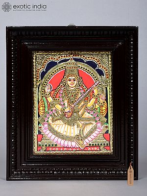 Seated Goddess Saraswati Holding Veena | Traditional Tanjore Painting with Gold Work