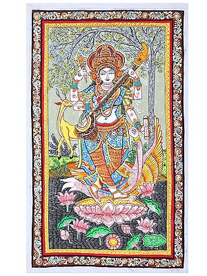 Goddess Saraswati Standing on Lotus and Playing Veena | Pattachitra Painting From Odisha