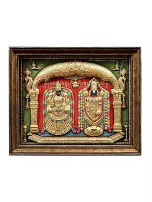 42" Sacred Lord Balaji with Goddess Padmavathi Traditional Embossed Tanjore Art – Teakwood Framed