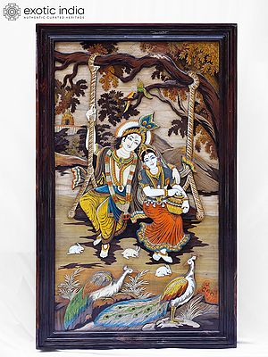 61" Radha Krishna Swinging in the Vana | Rosewood 3D Panel with Inlay Work