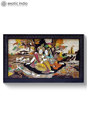 61" Lord Krishna Seated with Radha Rani | Rosewood 3D Panel with Inlay Work