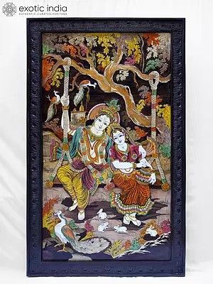 61" Radha Krishna Seated on Swing | Rosewood 3D Panel with Inlay Work