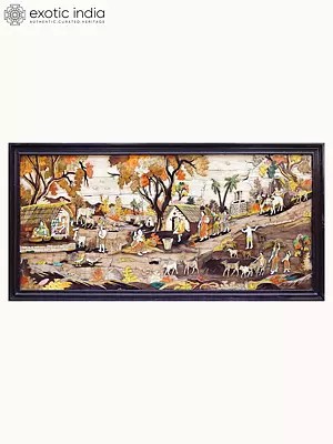 96" Essence of Village Life | Rosewood 3D Panel with Inlay Work