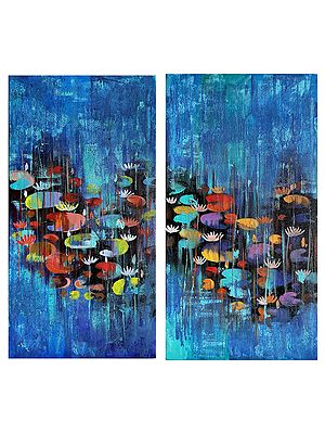 Tranquil Water Lilies | Pair of Two | Acrylic on Canvas | Painting by Arundhati Pise