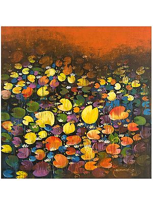 Mirrored Water Lily | Acrylic on Canvas | Painting by Arundhati Pise