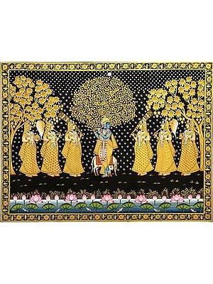 Lord Krishna With Gopis Pichwai Painting | Natural Color On Cloth | By Dheeraj Munot