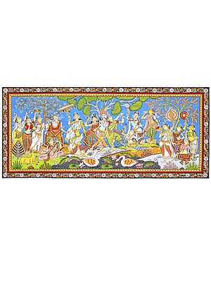 Celebration View of Lord Krishna with Gopikas | Pattachitra Painting From Odisha