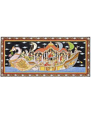 Nauka Vihar - Radha Krishna on Boat with Gopikas | Pattachitra Painting From Odisha