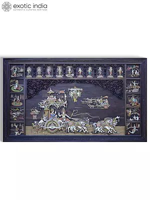72" Large Geeta Upadesha with Dashavatara of Lord Vishnu and Krishna Lila | 3D Wall Panel in Rosewood with Inlay Work