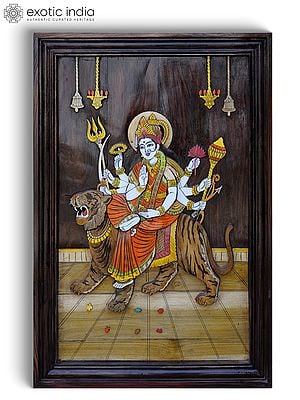 36" Goddess Durga (Sherawali Maa) | 3D Wall Panel in Rosewood with Inlay Work