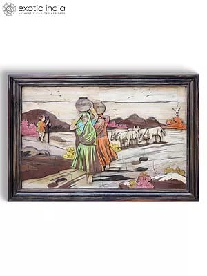 36" Village Women Carrying Water Pot | 3D Wall Panel in Rosewood with Inlay Work