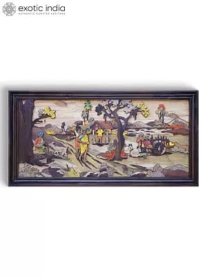 48" View of Village Life | 3D Wall Panel in Rosewood with Inlay Work