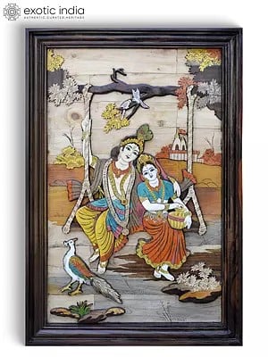 36" Divine Pair of Radha Krishna on Swing | 3D Wall Panel in Rosewood with Inlay Work
