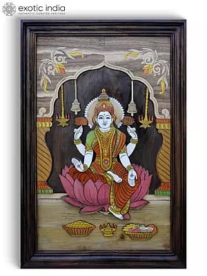 36" Devi Lakshmi Seated on Lotus | 3D Wall Panel in Rosewood with Inlay Work