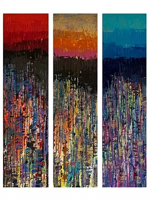 'Pairs of Three' Acrylic on Canvas Triptych Art by Avinash Pise