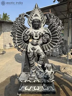 Majestic Granite Sculpture: 90" Goddess Kali with 36 Hands