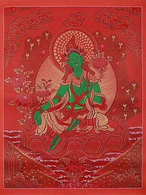 Goddess Green Tara With Flower | Tibetan Thangka Painting