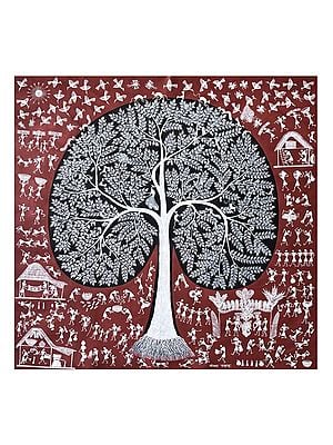 Tree Of Life And Lifestyle Warli Painting | Natural Color On Cotton Cloth | By Sanjay Balakrishna Parhad