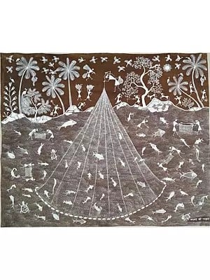 Fishing Net And Fisherman Warli Painting | Natural Color On Cotton Cloth | By Sanjay Balakrishna Prasad