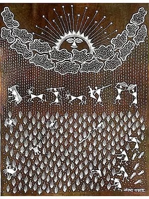 Rice Farming And Farmers Warli Painting | Natural Color On Cotton Cloth | By Sanjay Balakrishna Parhad