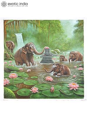 Elephants Worshipping Shivalinga | Oil on Canvas