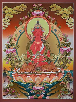 Amitayus Buddha Seated On Lotus | Brocadeless Thangka Painting