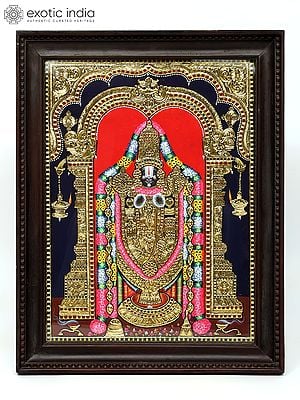 Lord Venkateshvara as Balaji Tanjore Painting | Traditional Colors With 24K Gold | Framed Tanjore Painting
