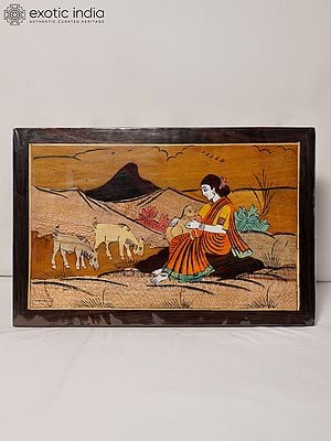 18" Seated Lady With Goats | Rosewood Panel With Inlay Work