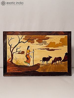 18" Lady Shepherd With Cows | Rosewood Panel With Inlay Work