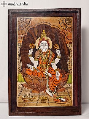 19" Goddess Lakshmi Seated On Lotus | Rosewood Panel With Inlay Work