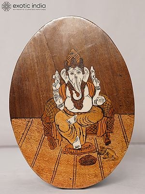 9" Seated Ganapati Bappa On Asana | Rosewood Panel With Inlay Work