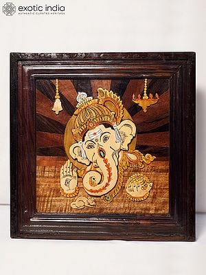 15" Blessing Posture Of Ganesha With Mushaka | Rosewood Panel With Inlay Work