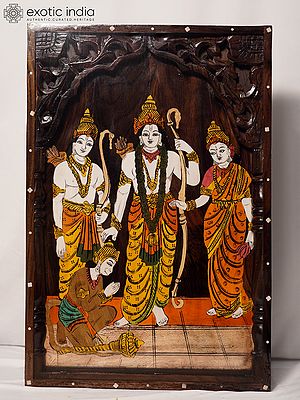 22" Shri Ram Darbar With Wood Carving | Rosewood Panel With Inlay Work