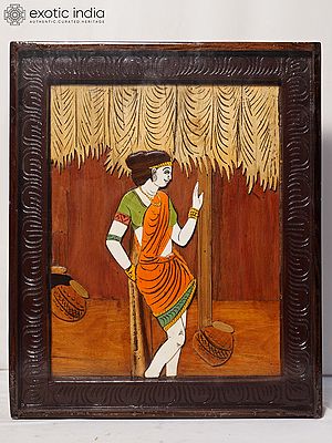 18" A Rural Lady In Standing Gesture | Rosewood Panel With Inlay Work