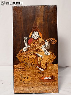 12" Chaturbhuja Goddess Saraswati | Rosewood Panel With Inlay Work