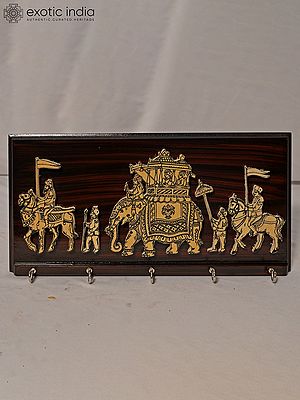 12" Royal Ride With Elephant And Royal Soldiers - Key Holder | Rosewood Panel With Inlay Work