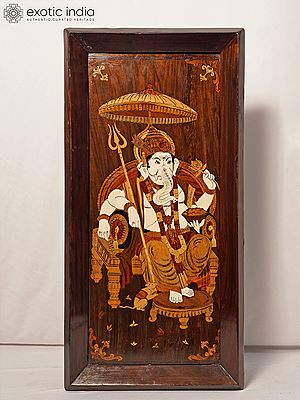 26" Chaturbhuja Lord Ganesha With Trident | Rosewood Panel With Inlay Work