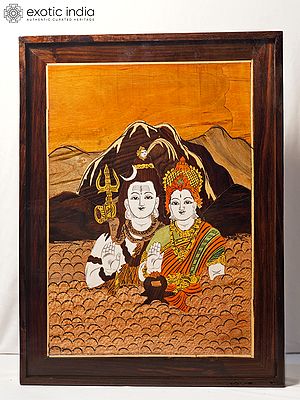 25" Lord Shiva With Parvati On The Kailash Mountain | Rosewood Panel With Inlay Work