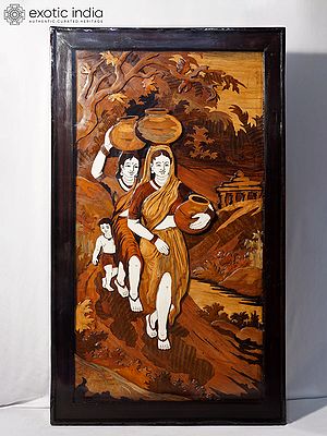 42" Women Walking On Village Road - Rural View | Rosewood Panel With Inlay Work